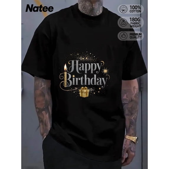 local warehouse clearance Black Happy Birthday T-shirt with Gold Candle & Gift Design, Crew Neck, Short Sleeve, Stretch Fit, Knit Fabric, 180gsm - Versatile for Sports, Hiking & Outdoor Activities,