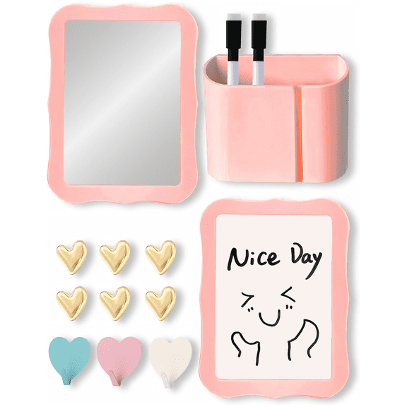 14PCS Magnetic Locker Accessories with Pen Holder, Locker Mirror, Whiteboard, Markers, Heart Magnets, Hooks, Back to School Locker Decorations Supplies-Pink