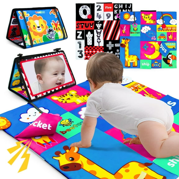 loivesh Tummy Time Mirror Toy with Baby Activity Mat , High Contrast Black and White Baby Toys, Montessori Sensory Toy for Baby Infant Newborn 0 3 6 Months Toys