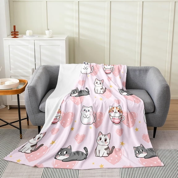 lokua 40x50 inch Cartoon Cat Throw Blanket for Kids Boys Girls,Lovely Cats Fleece Blanket,Love Heart Flannel Blanket,Cute Kitten Pet Animal Bed Blanket for Kids Child,Lightweight