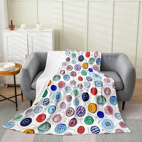 lokua Button Decor Throw Blanket Baby Size, Kawaii Sewing Quilting Buttons Fleece Blanket for Kids Boys Girls, Geometric Stripe Wire Flannel Blanket, Cartoon Theme Soft Fuzzy Blanket, White