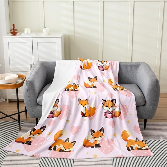 lokua Cute Fox Throw Blanket for Kids Boys Girls,Cartoon Animal Fleece Blanket Twin 60x80 inch,Pink Love Heart Flannel Blanket,Woodland Fox Bed Blanket for Living Room