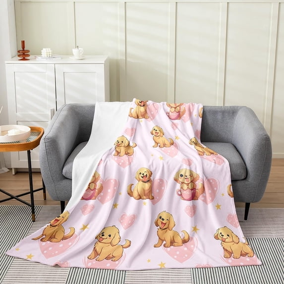 lokua Puppy Dog Throw Blanket 40x50 inch,Golden Retriever Fleece Blanket for Kids Boys Girls,Cartoon Dogs Flannel Blanket,Watercolor Pink Bed Blanket for Kids Child,Lightweight