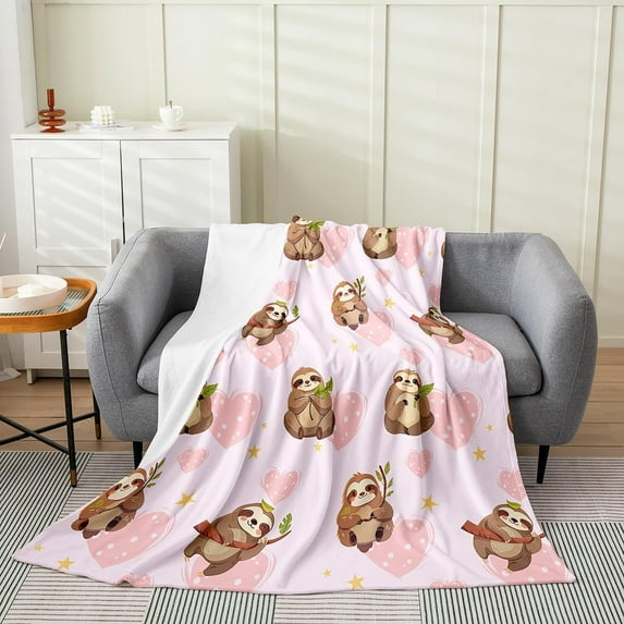 lokua Twin 60x80 inch Cute Sloth Throw Blanket for Kids Boys Girls,Cartoon Sloth Fleece Blanket,Farmhouse Animal Flannel Blanket,Love Heart Bed Blanket for Living Room