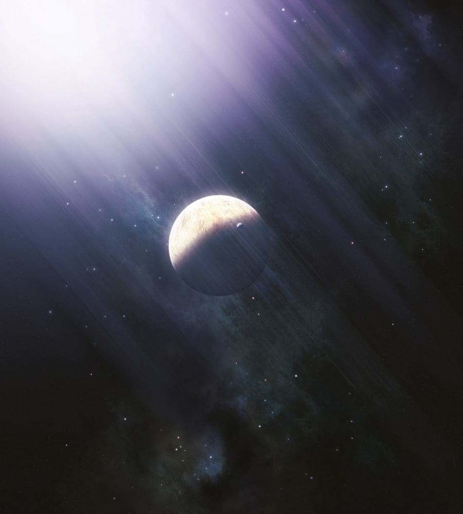 A lonely planet and its moon float quietly within the bright blue rays of its blue hypergiant parent Canvas Art - Kevin LafinStocktrek Images (14 x 15)
