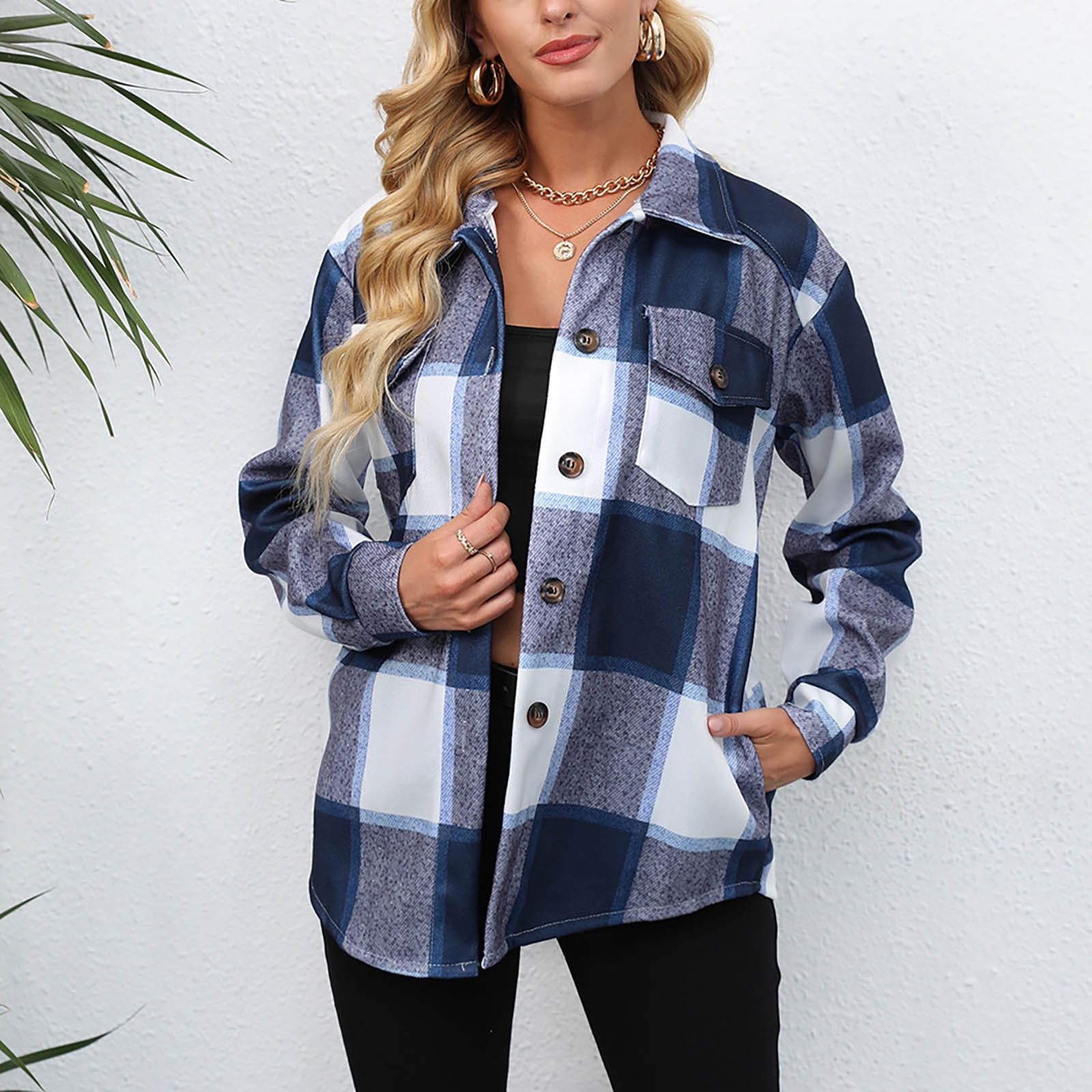 Women's Plaid Blazer Trench Coat with Belted Long Togo Ubuy - Main Image
