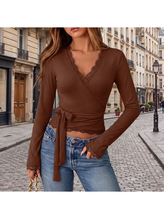 long sleeve going out tops for women,bell sleeve top,lace long sleeve top,long sleeve lace top Casual Fall Women's Tops(Coffee,XS)