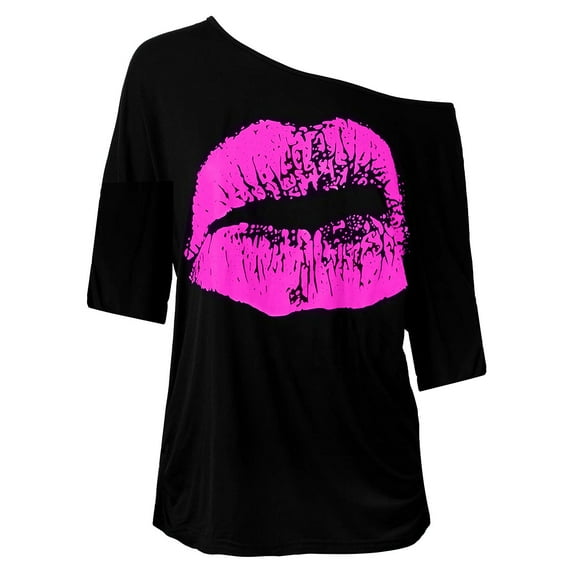 long sleeve shirts for women Casual Off Shoulder Nostalgic Big Lip Print 80s Clothing Medium Sleeved T Shirt Top L womens shirts Women's Tank Tops