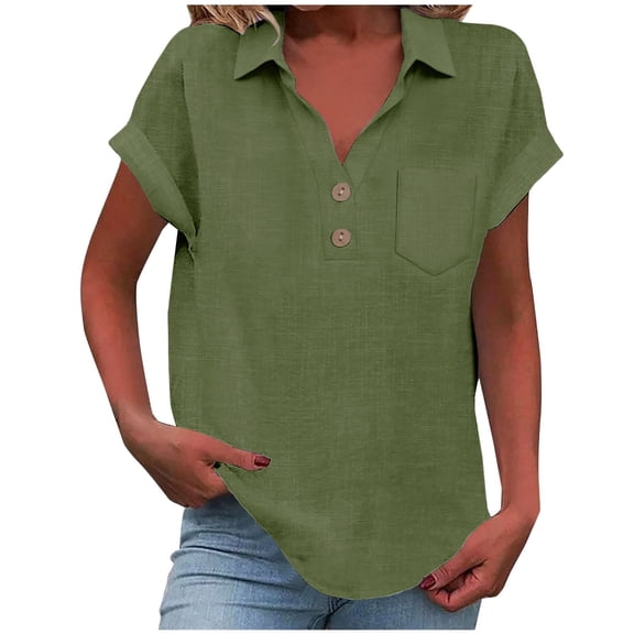 long sleeve shirts for women Fashion Casual Solid Color Button Lapel Short Sleeve T Shirt With Pockets S womens shirts Women's Tank Tops