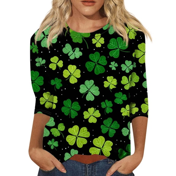 long sleeve shirts for women Round Neck Printed 3/4 Sleeves Casual Loose Fit Blouse Tops L womens shirts Women's Tank Tops