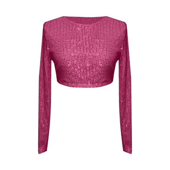 long sleeve shirts for women Sequin Top Glitter Club Jumper Long Sleeve Crew Neck Crop Top Sparkly Crop Tee L womens shirts Women's Tank Tops