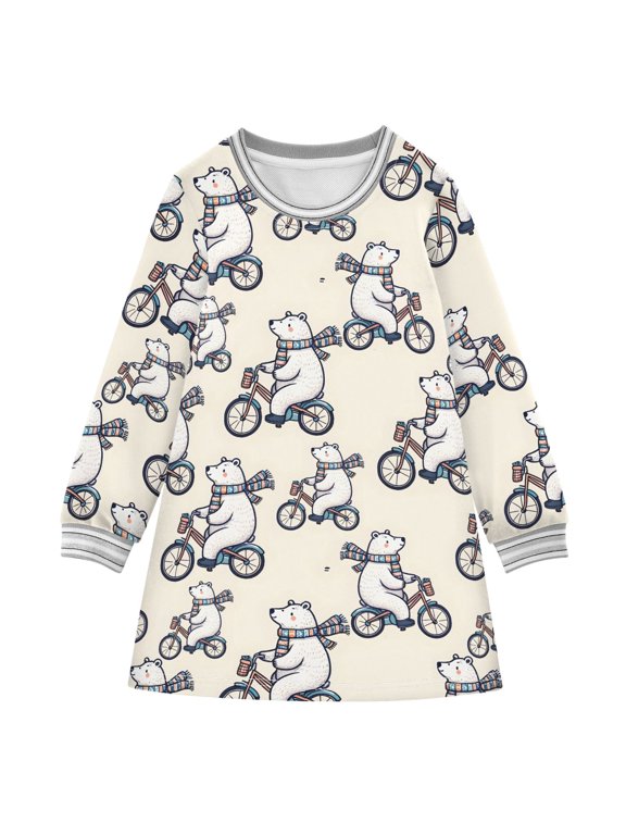 long-sleeved dress Bear Vector Polar Bear Bicycle Riding A-line dress with ribbed cuffs Soft and comfortable