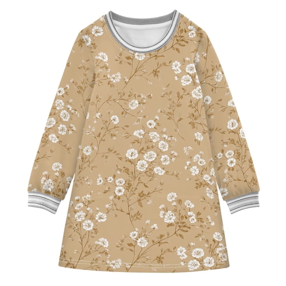 long-sleeved dress Beige and Brown Floral A-line dress with ribbed cuffs Soft and comfortable