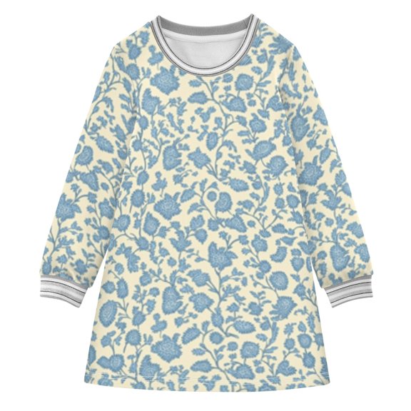 long-sleeved dress Blue Flowers Seamless Pattern A-line dress with ribbed cuffs Soft and comfortable