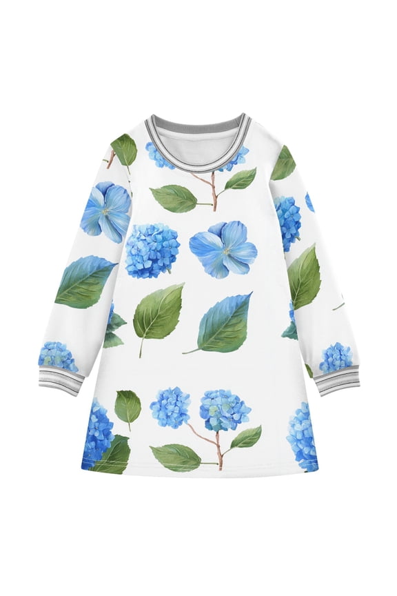 long-sleeved dress Blue Hydrangea Flowers A-line dress with ribbed cuffs Soft and comfortable