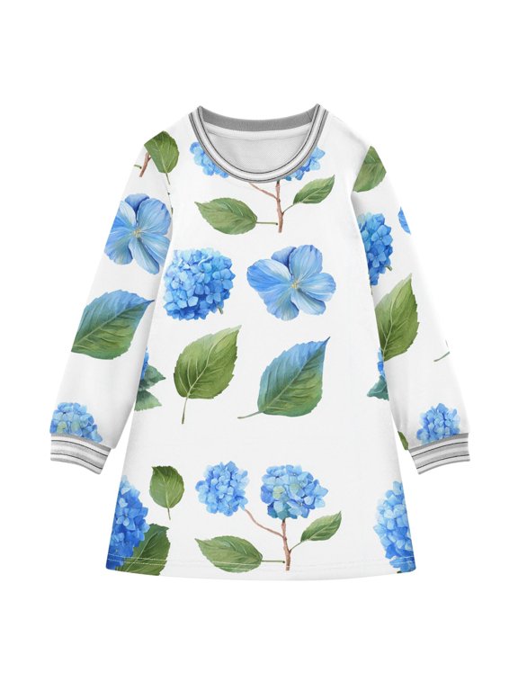 long-sleeved dress Blue Hydrangea Flowers A-line dress with ribbed cuffs Soft and comfortable
