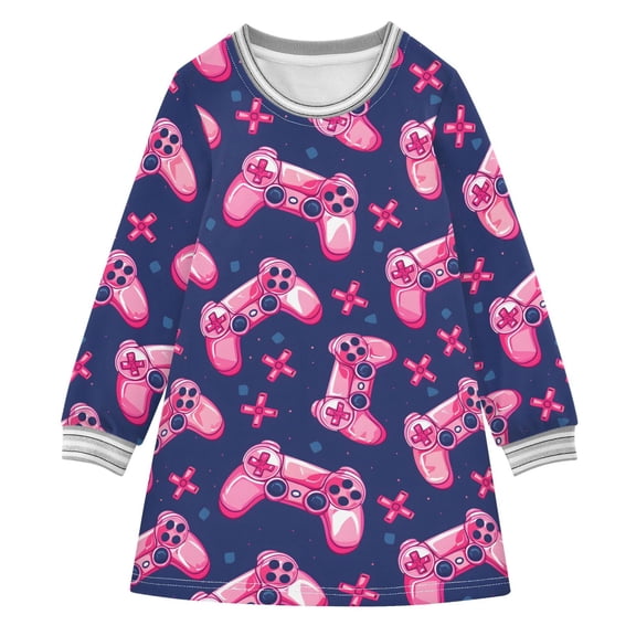 long-sleeved dress Bright with Pink Joysticks. Gaming Cool Print for Girls A-line dress with ribbed cuffs Soft and comfortable
