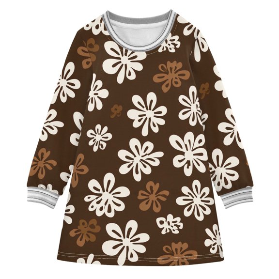 long-sleeved dress Brown and White Flowers A-line dress with ribbed cuffs Soft and comfortable