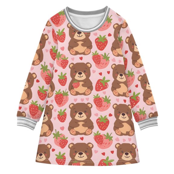 long-sleeved dress Cartoon Bear and Strawberry A-line dress with ribbed cuffs Soft and comfortable