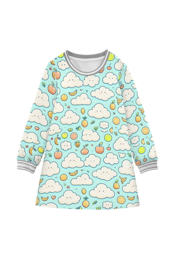 long-sleeved dress Cartoon Clouds Simple Strokes Of Fruits Image A-line dress with ribbed cuffs Soft and comfortable