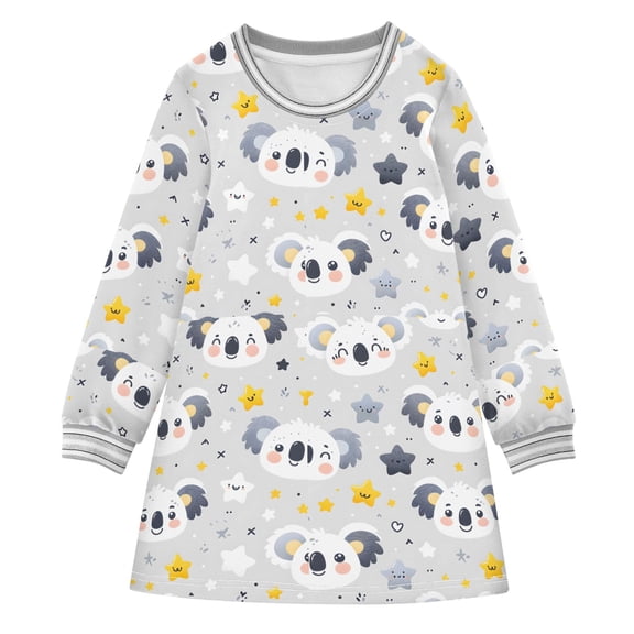 long-sleeved dress Cartoon Koala Face and Star A-line dress with ribbed cuffs Soft and comfortable
