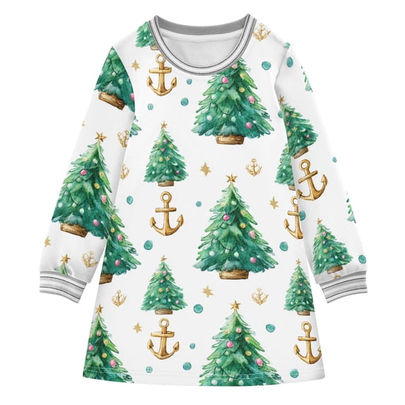 long-sleeved dress Christmas Tree and Anchor A-line dress with ribbed cuffs Soft and comfortable