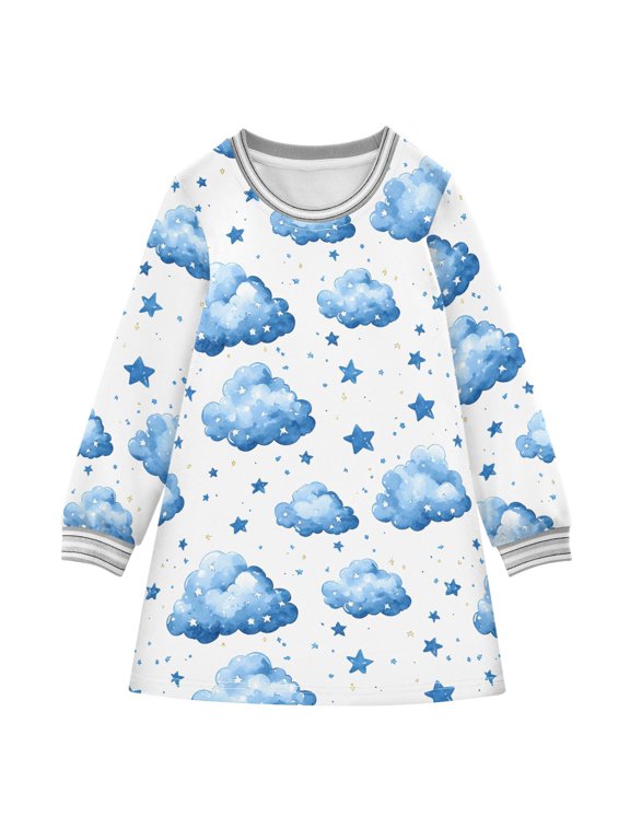 long-sleeved dress Cloud White Abstract A-line dress with ribbed cuffs Soft and comfortable