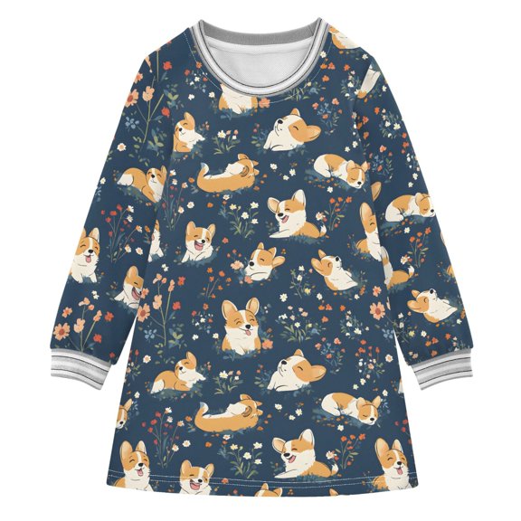long-sleeved dress Corgis Poses Flower A-line dress with ribbed cuffs Soft and comfortable