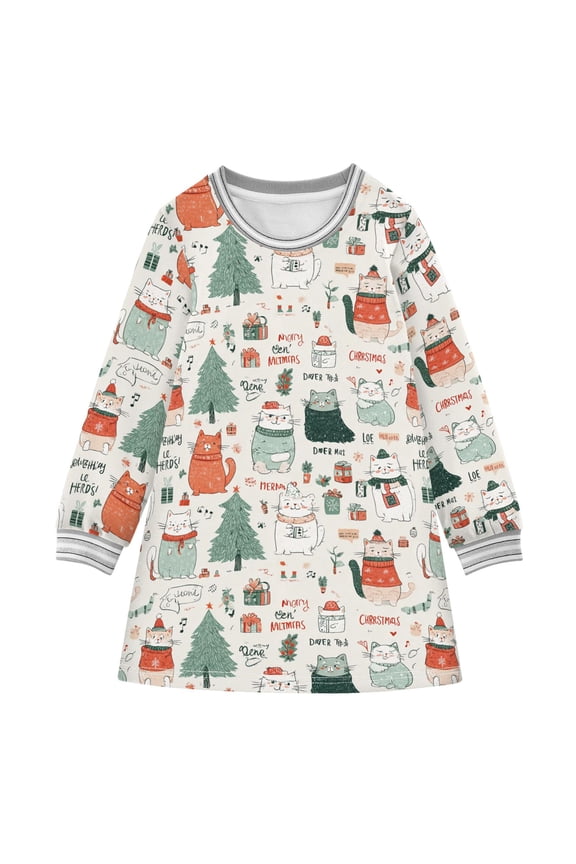 long-sleeved dress Cute Christmas Cat A-line dress with ribbed cuffs Soft and comfortable
