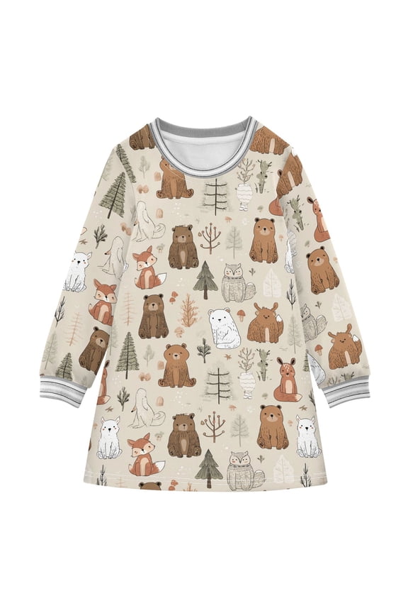 long-sleeved dress Cute Forest Animals A-line dress with ribbed cuffs Soft and comfortable