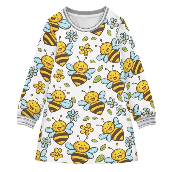 long-sleeved dress Cute Funny Bee Flowers Cartoon Kids A-line dress with ribbed cuffs Soft and comfortable