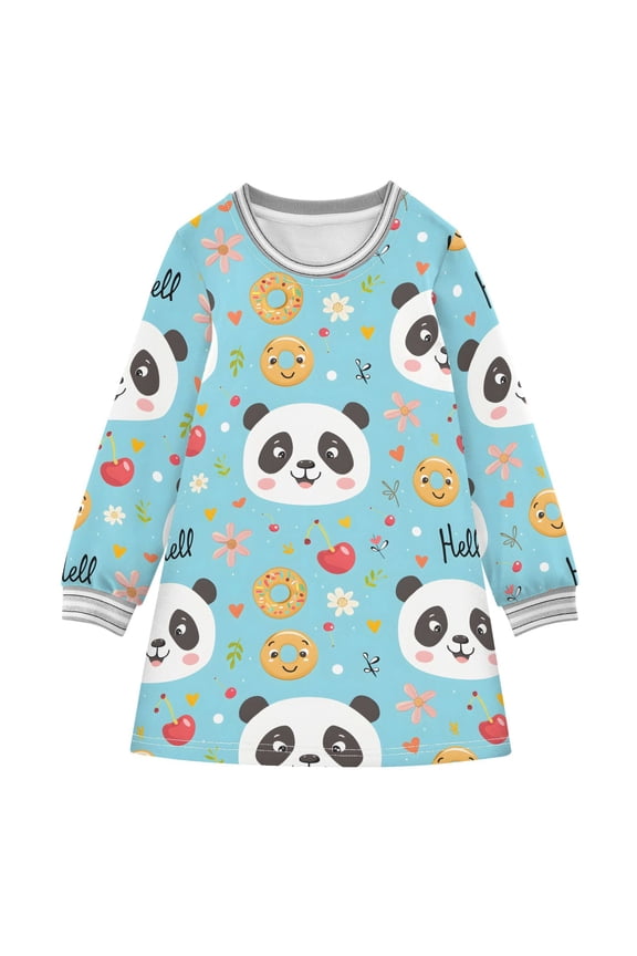 long-sleeved dress Cute Panda Bear Face with Cute Icon on Blue Pastel Background A-line dress with ribbed cuffs Soft and comfortable
