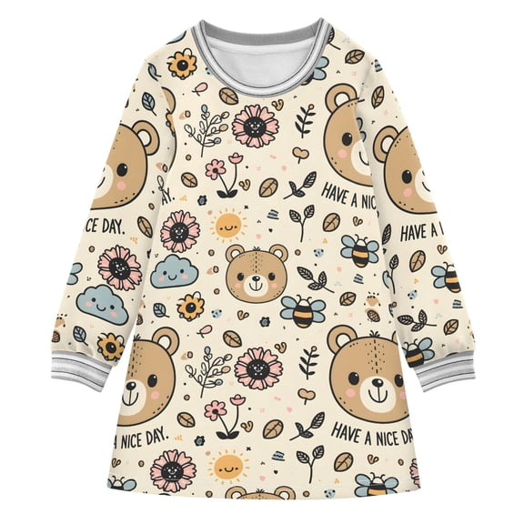 long-sleeved dress Cute Teddy Bear Smile Face A-line dress with ribbed cuffs Soft and comfortable