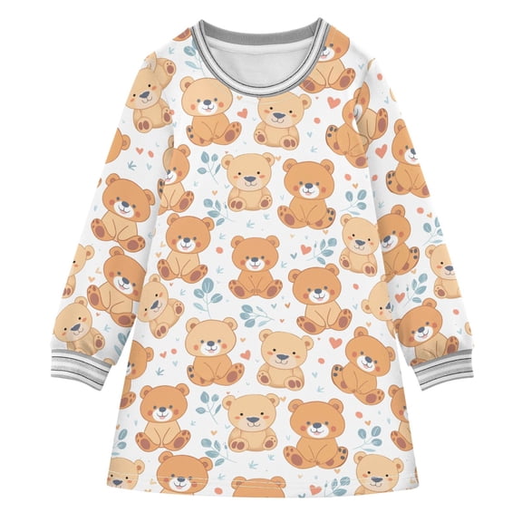 long-sleeved dress Cute Teddy Bears A-line dress with ribbed cuffs Soft and comfortable