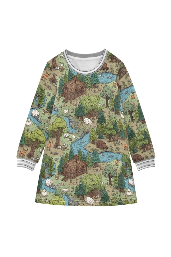 long-sleeved dress Cute Woodland Scene with Forest Animals A-line dress with ribbed cuffs Soft and comfortable