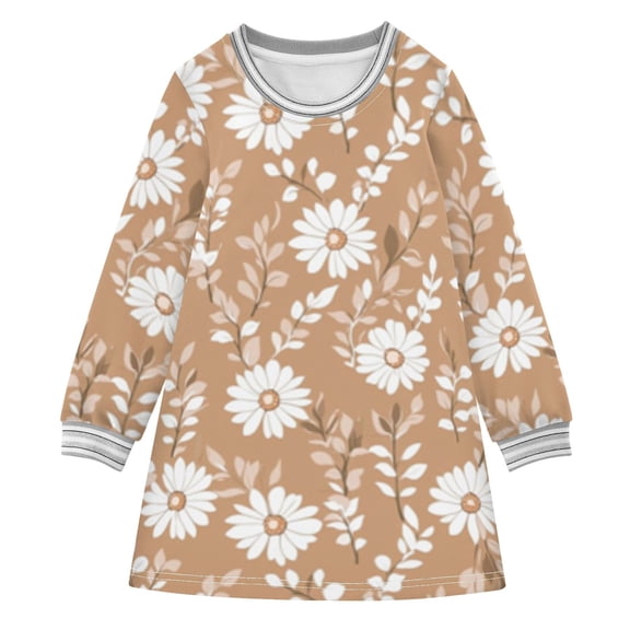 long-sleeved dress Daisy Flowers on Brown A-line dress with ribbed cuffs Soft and comfortable
