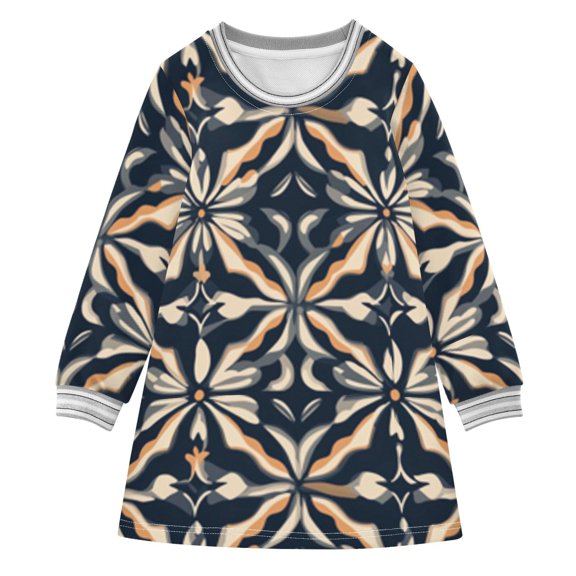 long-sleeved dress Decorating Flowers and Leaves A-line dress with ribbed cuffs Soft and comfortable