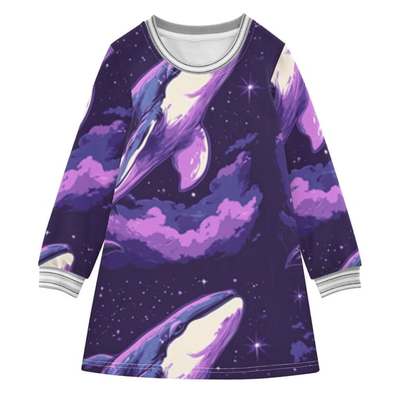 long-sleeved dress Fantasy Purple Whale A-line dress with ribbed cuffs Soft and comfortable