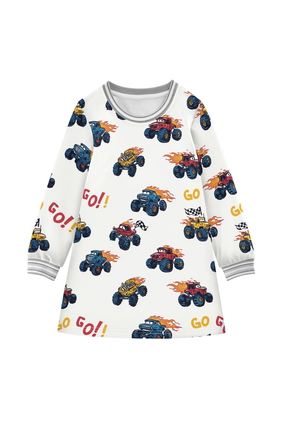 long-sleeved dress Flame-themed Pickup Truck A-line dress with ribbed cuffs Soft and comfortable