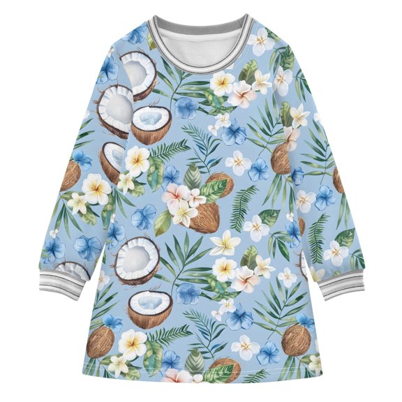 long-sleeved dress Garden Coconut and Small Tropical Flowers and Leaves A-line dress with ribbed cuffs Soft and comfortable