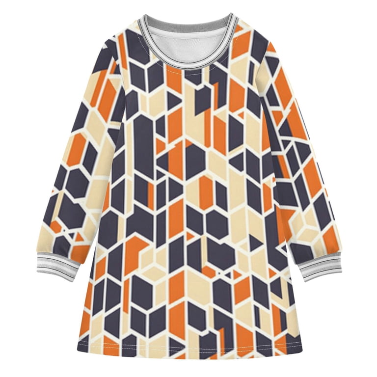 MNSRUU Long-sleeved dress Geometric Patterns in Navy Blue and Orange A-line dress with ribbed cuffs Soft and comfortable, Girl's, Size: 2T MNSRUU Long-sleeved dress Geometric Patterns in Navy Blue and Orange A-line dress with ribbed cuffs Soft and comfortable, Girl's, Size: 2T