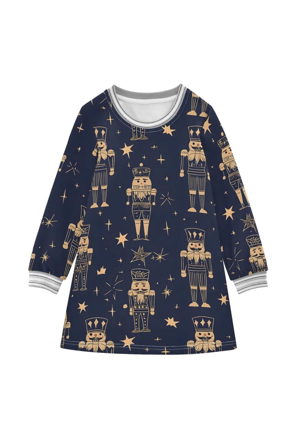 long-sleeved dress Gold Nutcracker Dark Blue Background Pattern A-line dress with ribbed cuffs Soft and comfortable
