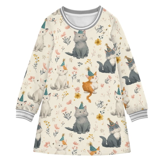 long-sleeved dress Happy Birthday Cat A-line dress with ribbed cuffs Soft and comfortable