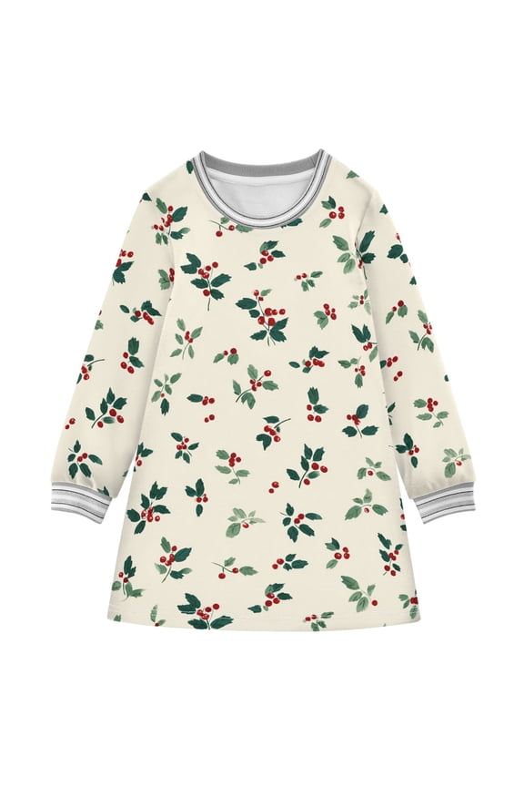 long-sleeved dress Holly Leaves and Berries A-line dress with ribbed cuffs Soft and comfortable