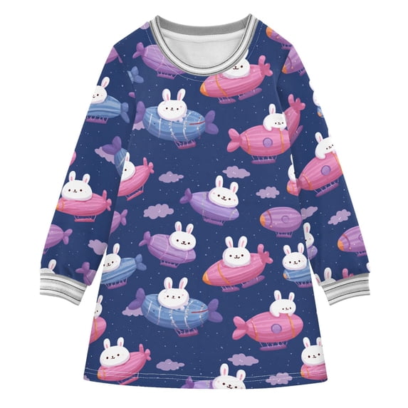 long-sleeved dress Hot Air Balloon Rabbit A-line dress with ribbed cuffs Soft and comfortable