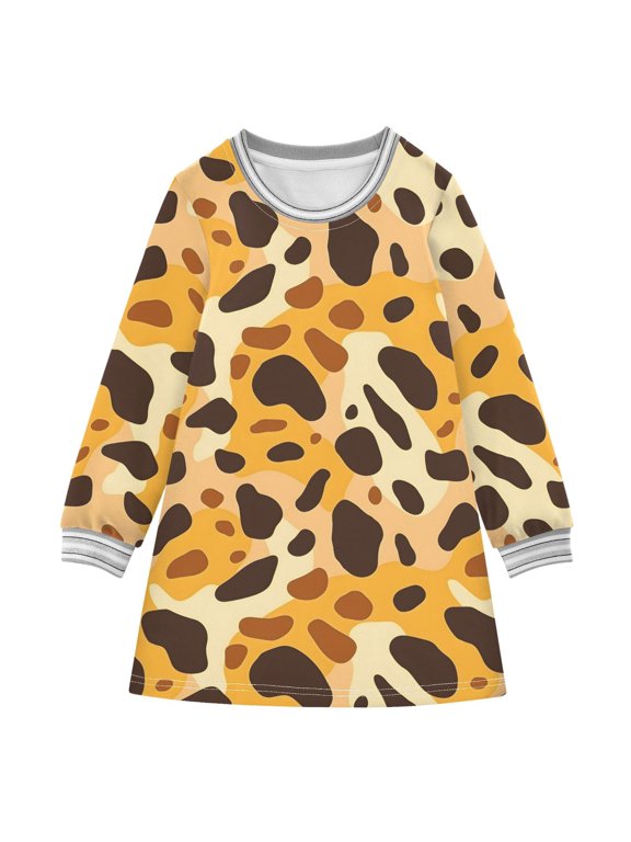 long-sleeved dress Leopard Print A-line dress with ribbed cuffs Soft and comfortable
