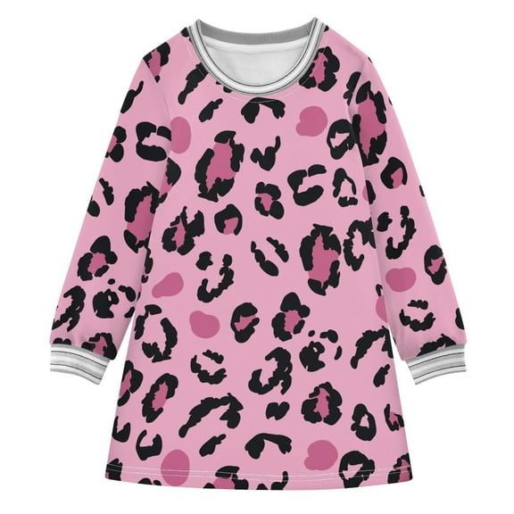 long-sleeved dress Leopard Print Pink Pattern A-line dress with ribbed cuffs Soft and comfortable