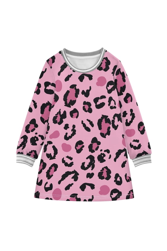 long-sleeved dress Leopard Print Pink Pattern A-line dress with ribbed cuffs Soft and comfortable