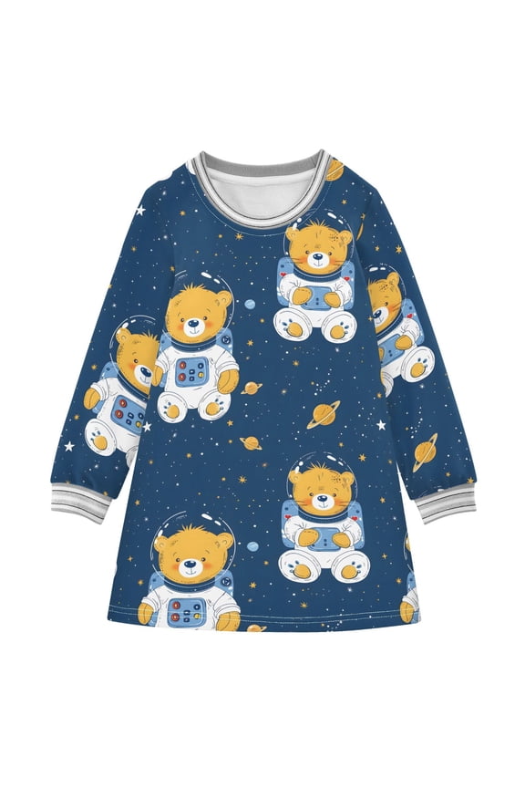 long-sleeved dress Mode with Baby Bear Astronaut Vector Cartoon Illustration A-line dress with ribbed cuffs Soft and comfortable