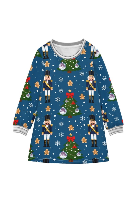 long-sleeved dress Nutcracker Christmas Tree Gingerbread Man Pattern A-line dress with ribbed cuffs Soft and comfortable